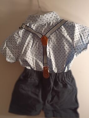 Polka Dot Short Sleeve Shirt with Navy Suspenders for Kids